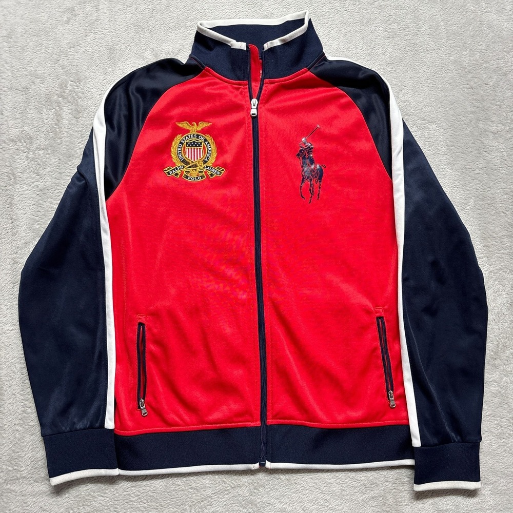 Polo Ralph Lauren Track Jacket Youth XL Full Zip Fleece Big Pony USA Crest Y2K